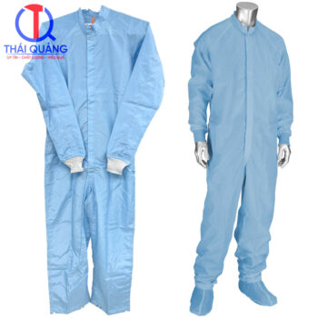 Bộ áo liền quần màu xanh, khóa kéo, chống tĩnh điện