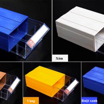 Hộp đựng linh kiện có nhiều màu sắc (xanh, xám, nâu, vàng)