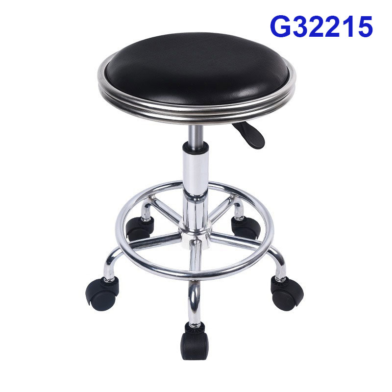 G32215 Ghế mặt da lồi có vành đen, Chiều cao 42-53cm (trục 140), Chân nấm thép mạ có vành, Bánh xe di chuyển