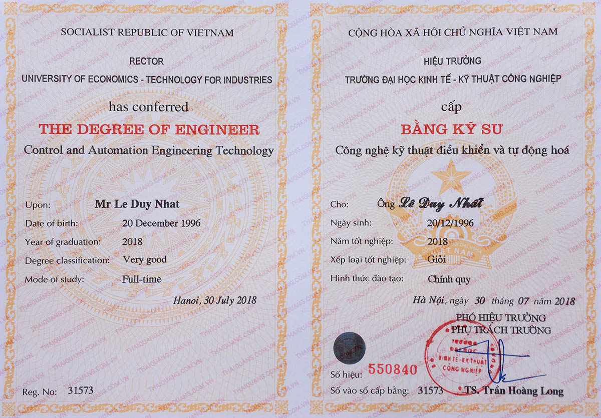 Bằng kỹ sư Lê Duy Nhất