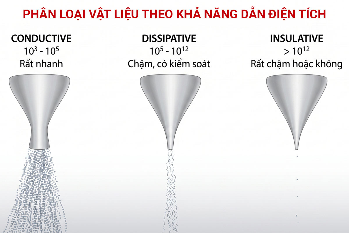 Phân loại vật liệu (Conductive, Dissipative, Insulative) theo khả năng dẫn điện tích