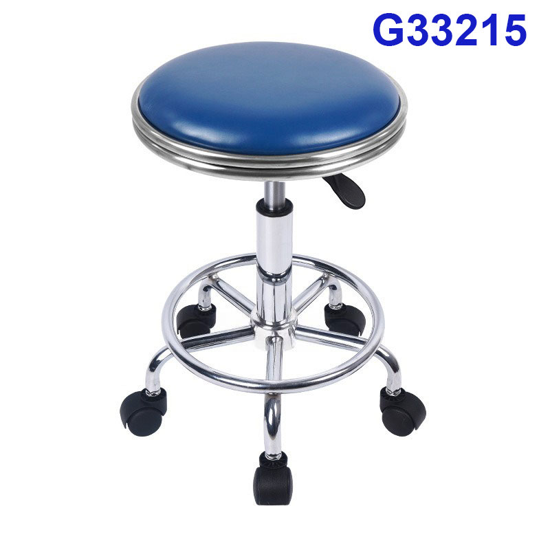 G33215 Ghế mặt da lồi có vành màu xanh, Chiều cao 42-53cm (trục 140), Chân nấm thép mạ có vành, Bánh xoay