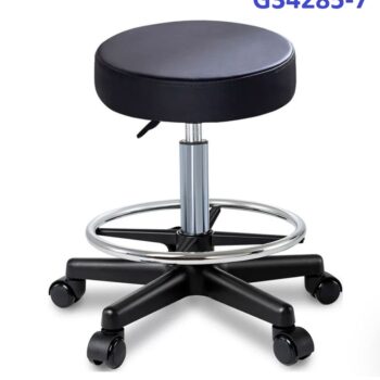 G34285-7 Ghế mặt da phẳng màu đen, Chiều cao 42-53cm (trục 140), Chân nhựa, Bánh xoay, Để chân 350mm