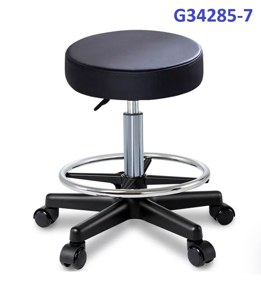 G34285-7 Ghế mặt da phẳng màu đen, Chiều cao 42-53cm (trục 140), Chân nhựa, Bánh xoay, Để chân 350mm