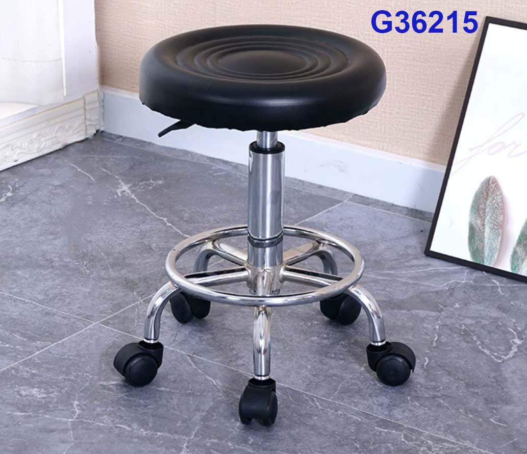G36215 Ghế mặt đệm da 3 vòng tròn (ghế nấm), Chiều cao 42-53cm (trục 140), Chân nấm thép mạ có vành, Bánh xoay