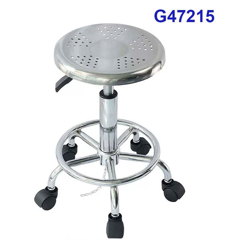 G47215 Ghế mặt inox tròn D28 có lỗ, Chiều cao 42-53cm (trục 140), Chân nấm thép mạ có vành, Bánh xoay