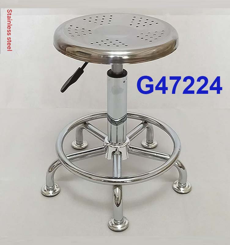 G47224 Ghế Mặt inox tròn D28 có lỗ, Chiều cao 42-53cm (trục 140), Chân nấm inox có vành, Bánh inox dẹt