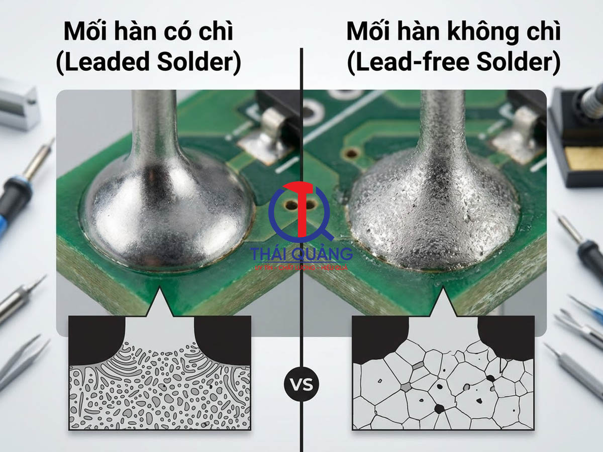 Mối hàn thiếc có chì thường thấm ướt tốt, mịn hơn loại không chì